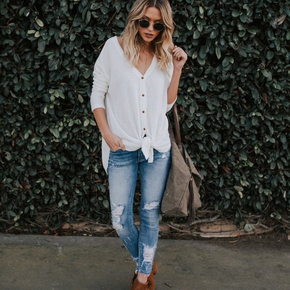 White Button Up Waffle Knit Thermal - Picture 5 of 8